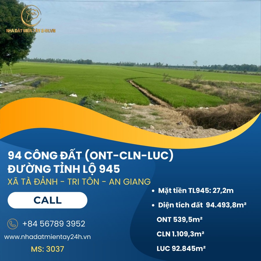 🏡 CƠ HỘI SỞ HỮU ĐẤT ĐẸP MẶT TIỀN TL945, TÀ ĐẢNH, TRI TÔN, AN GIANG - GIÁ ĐẦU TƯ SIÊU HẤP DẪN! (MS: 3037) 🏡